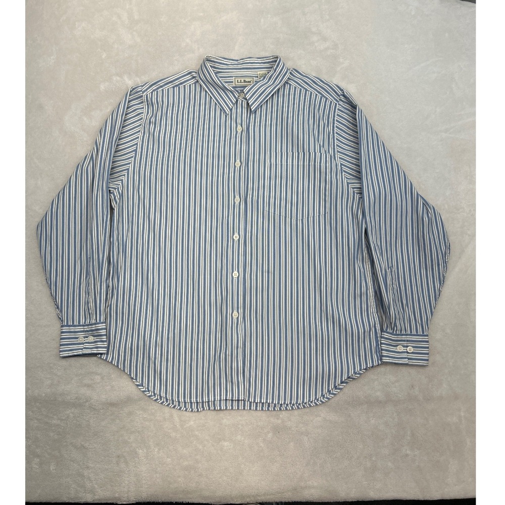 LL Bean Button Down Shirt Womens 16 Blue White Striped Long Sleeve Cotton Blend